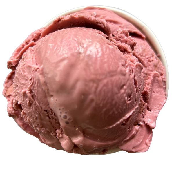 Scoop of pinkish-red ice cream in a white bowl, slightly melted, close-up.