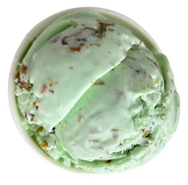 Mint green ice cream with brown nut pieces in a white bowl.