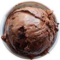 A scoop of chocolate ice cream in a bowl on a white background