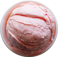 A scoop of pink ice cream in a white bowl
