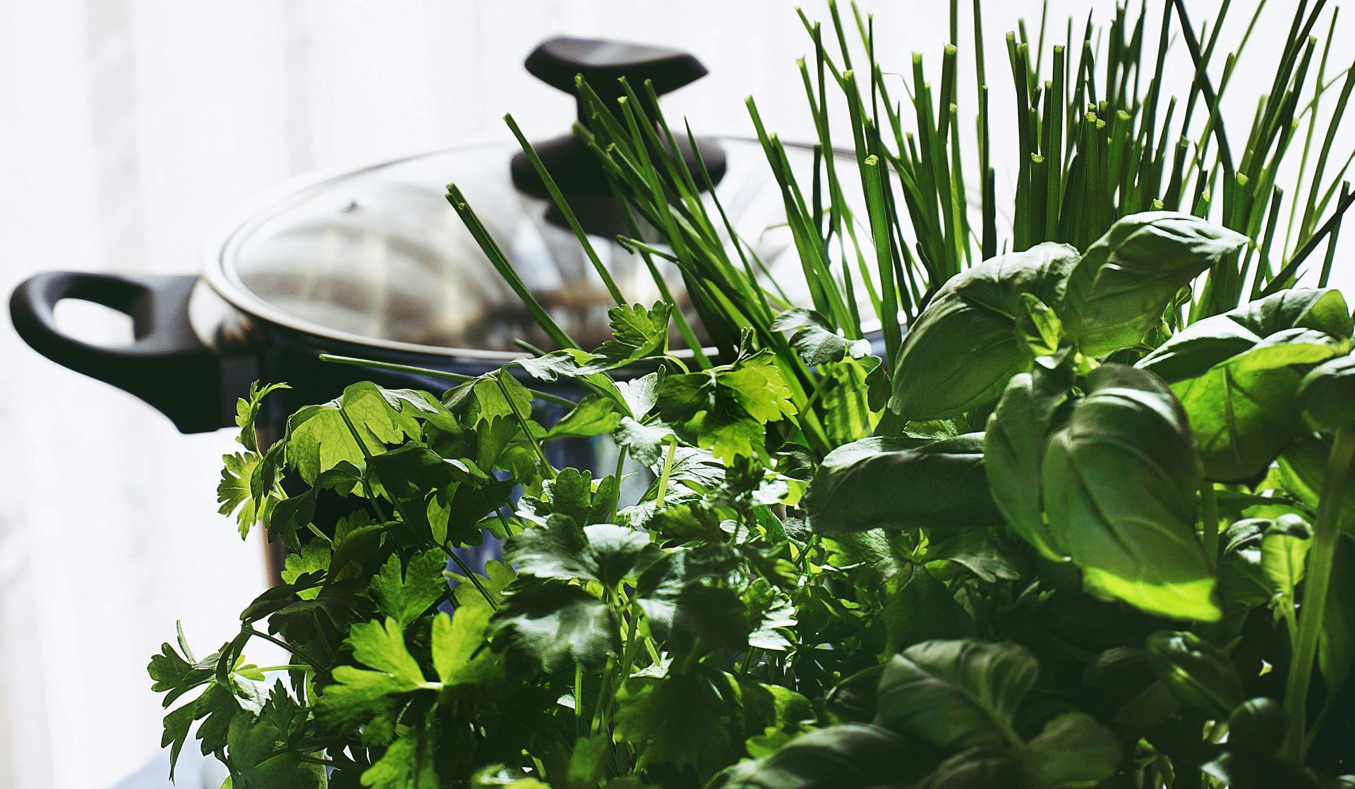 A pot filled with herbs and vegetables is sitting on a table.