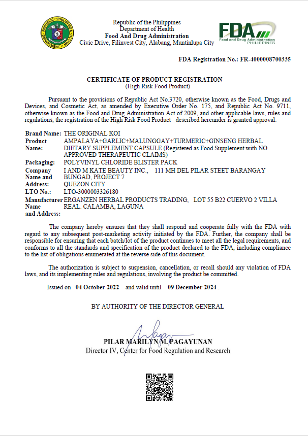 A certificate of presence is a document that says fda on it.