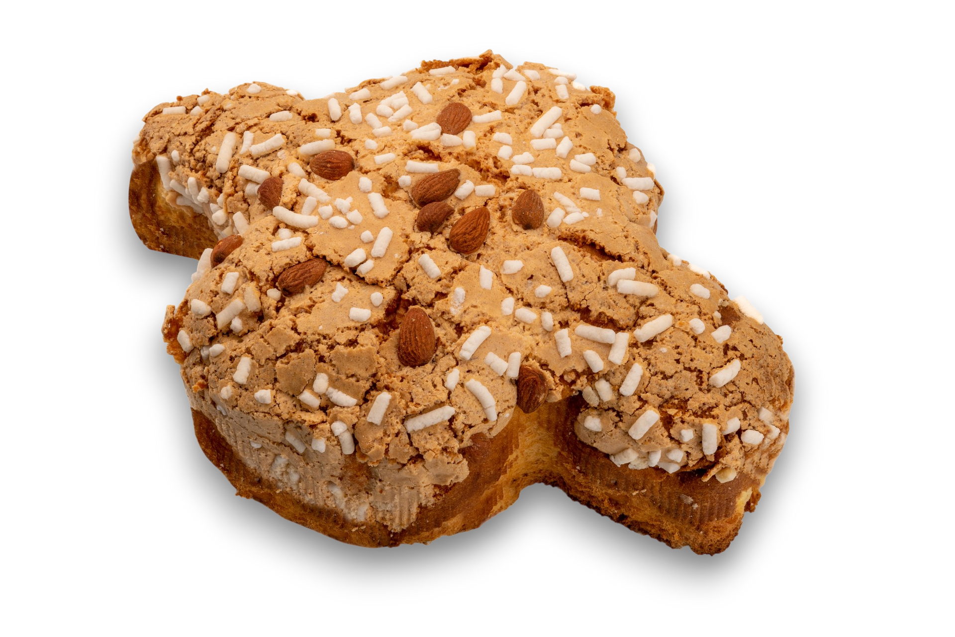 Colomba di Pasqua, una torta pasquale italiana a forma di colomba, ricoperta di glassa croccante alle mandorle e zucchero in granella.