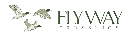 A logo for flyway crossings with two ducks flying in the air