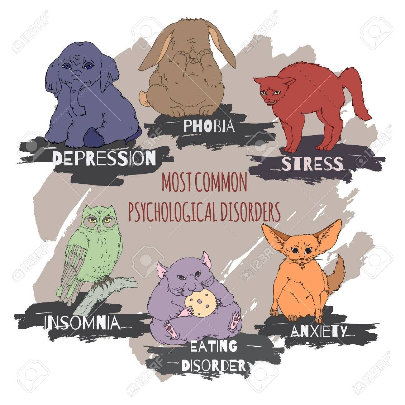 Un ensemble d'animaux avec les mots troubles psychologiques les plus courants