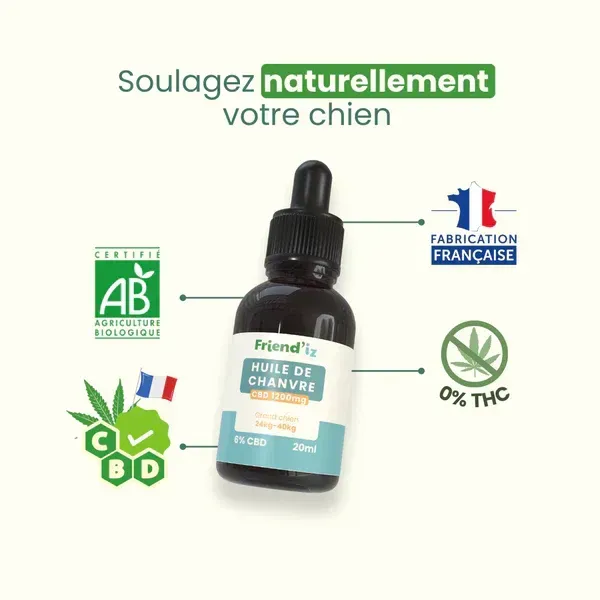 Une bouteille d'huile de chanvre d'un ami est posée sur une souche de bois à côté de sa boîte.