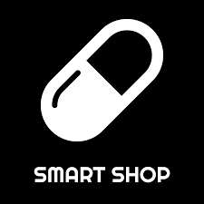 Le logo du smart shop est une capsule blanche sur fond noir.