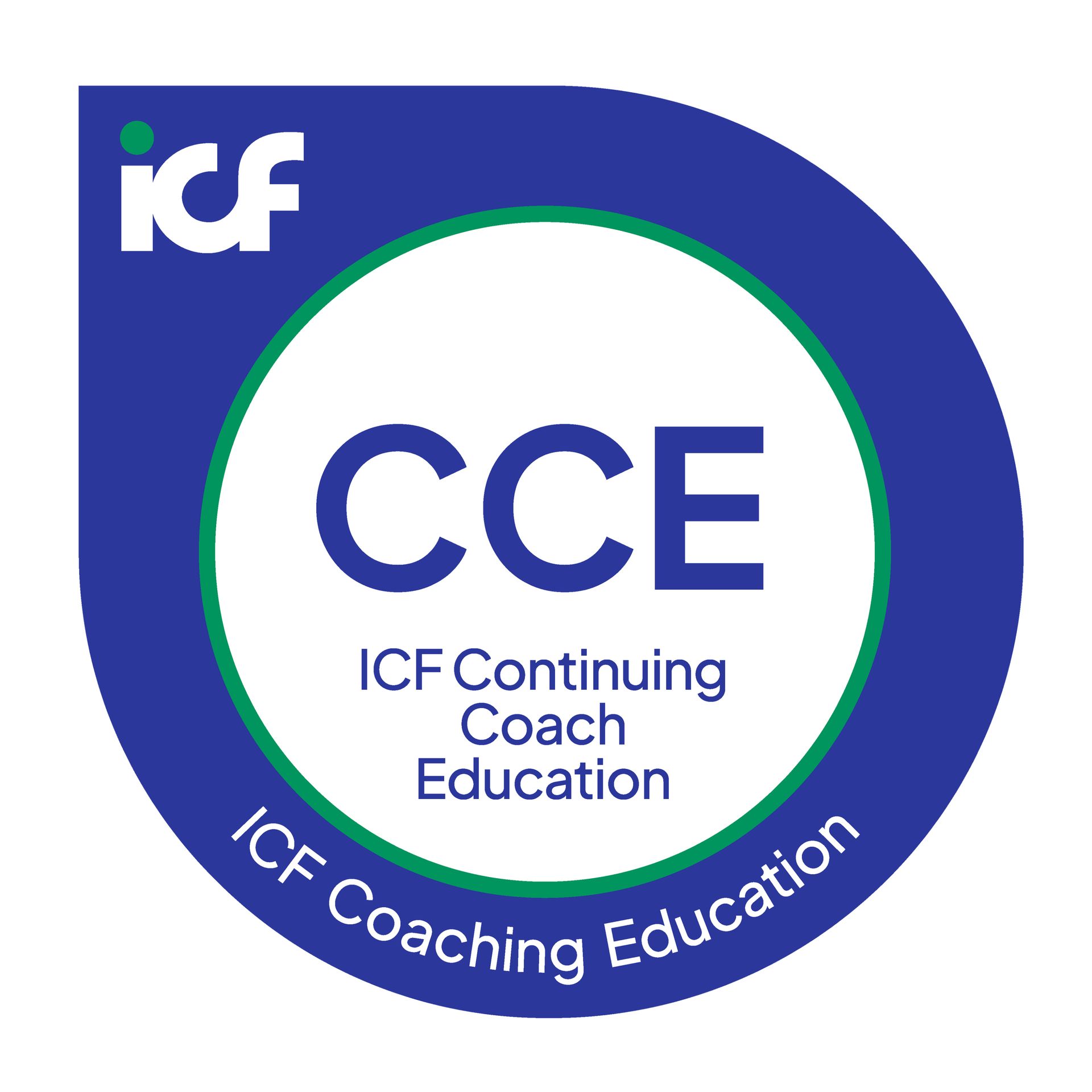 ICF CCE logo: Blue and white badge with 
