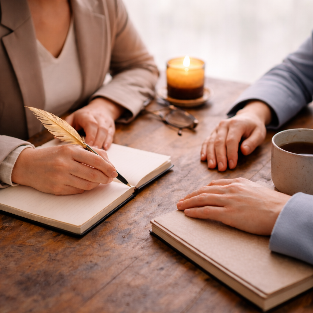 Two people at a wooden table, one writing with a feather pen, a candle and book are present.