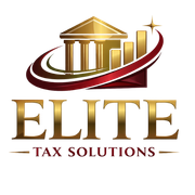 Gold and red logo: "ELITE" above "TAX SOLUTIONS"; building and graph graphic; star icon.