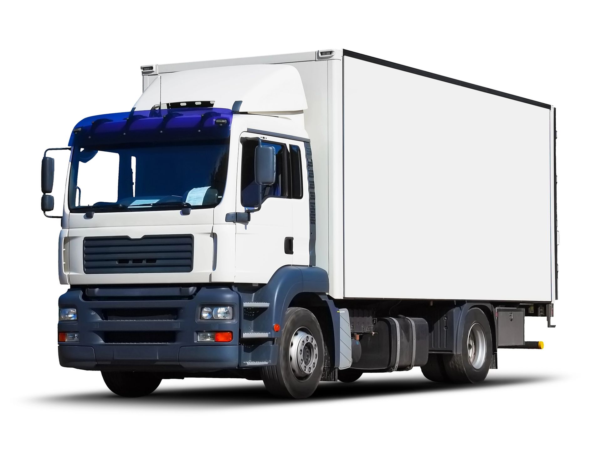 A white semi truck with a blue windshield on a white background.