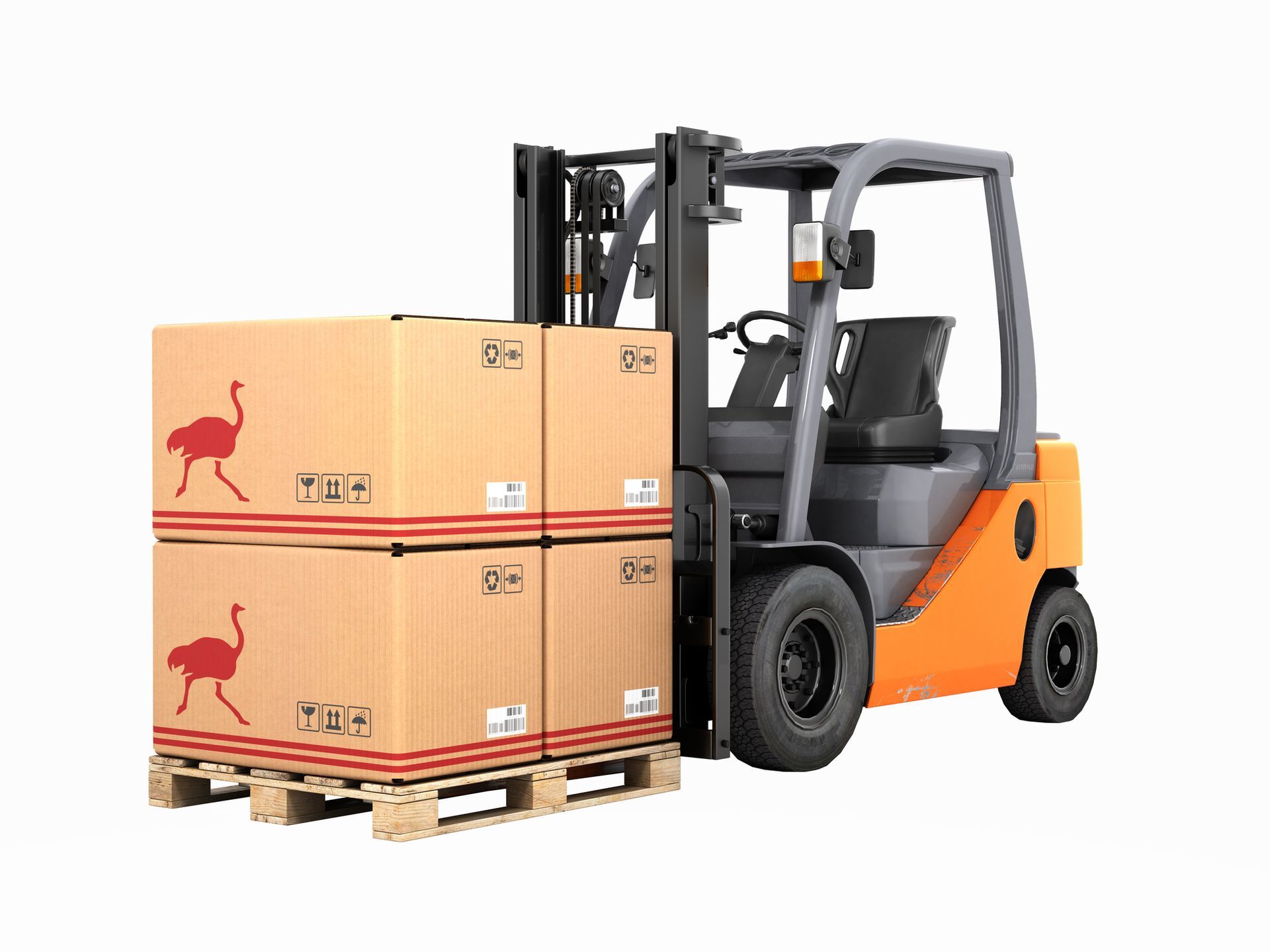 A forklift is loading boxes onto a wooden pallet.