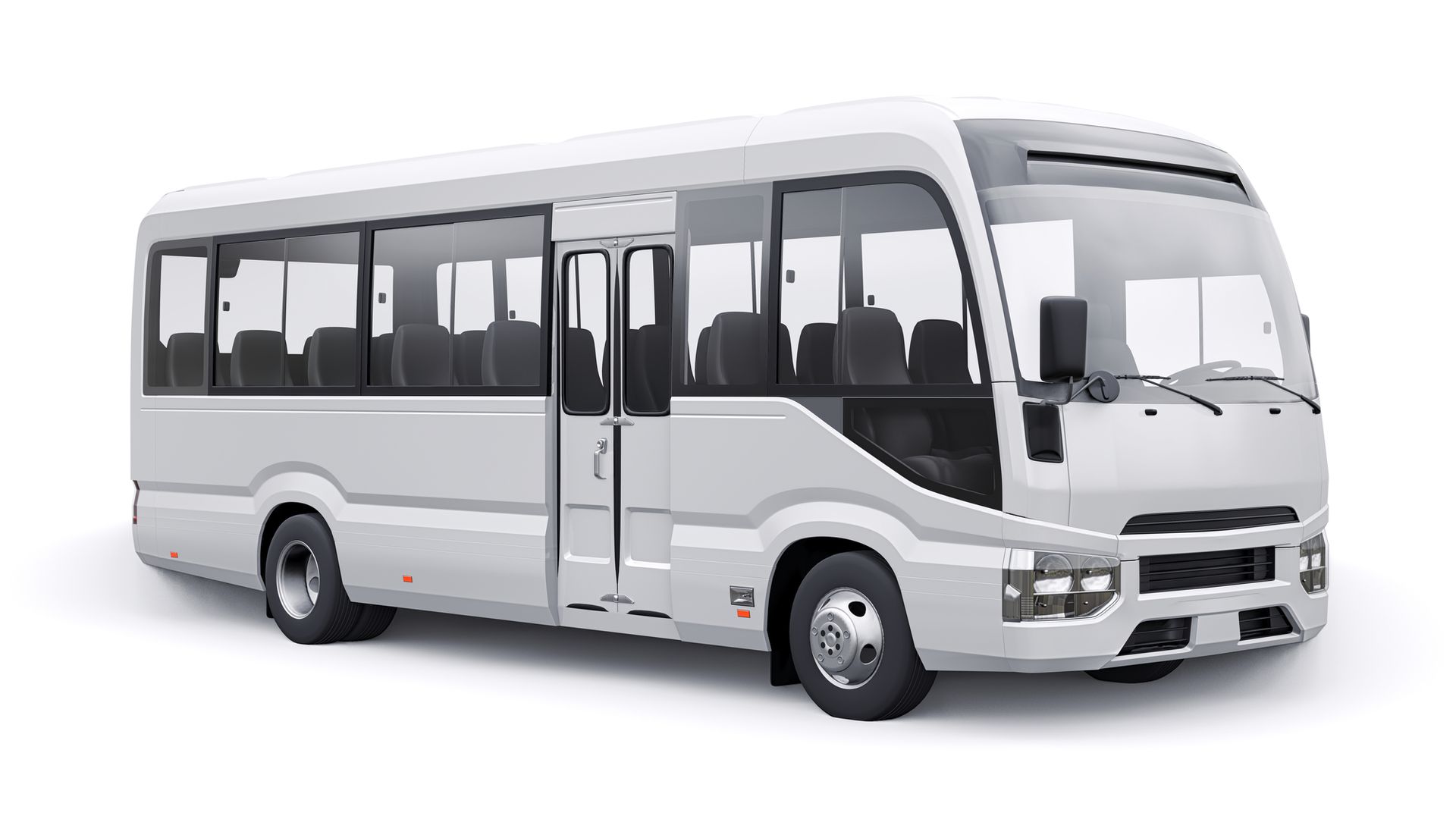 A white bus is parked on a white background.