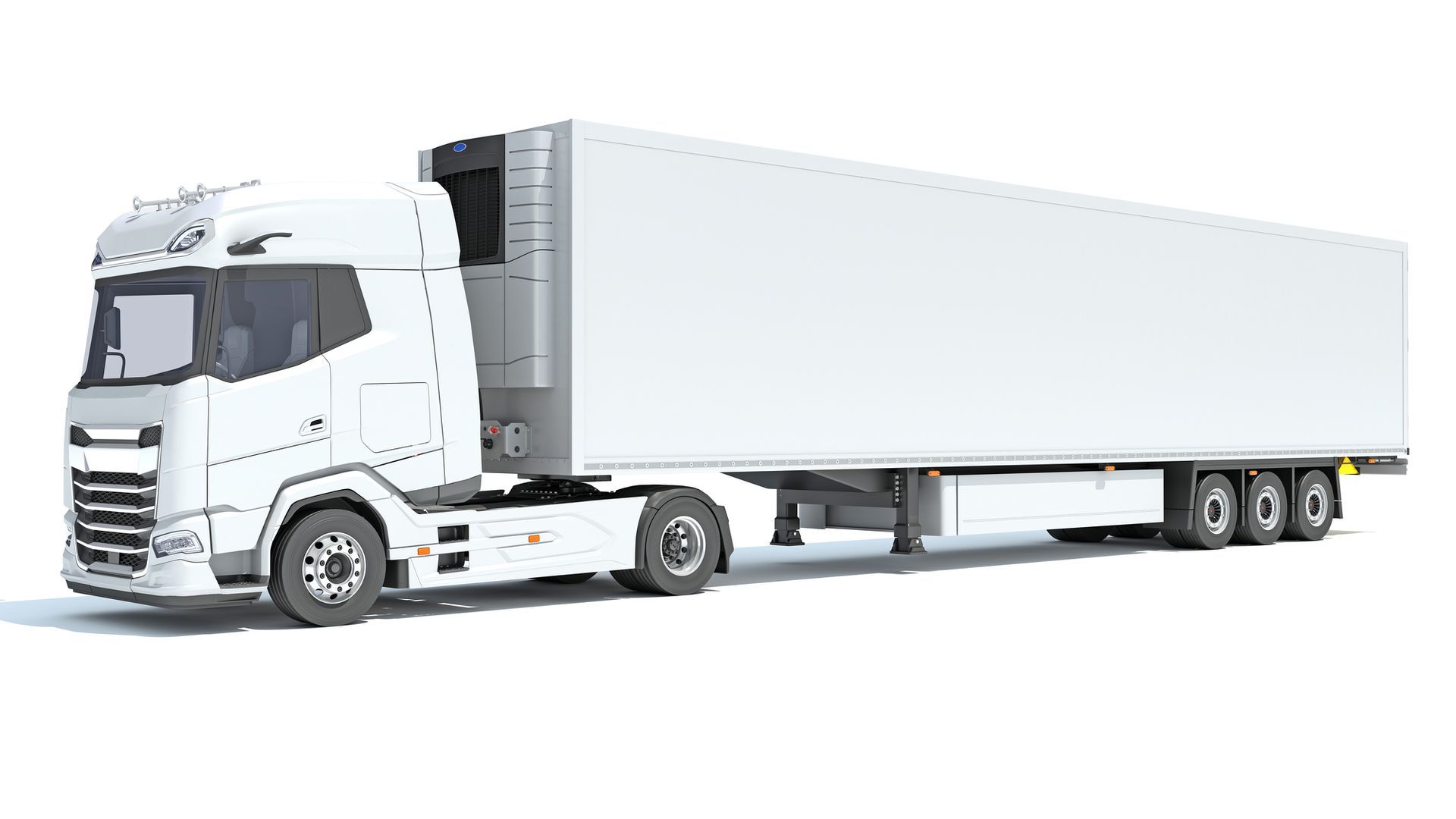 A white semi truck with a refrigerated trailer on a white background.