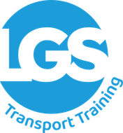 A blue and white logo for lgs transport training