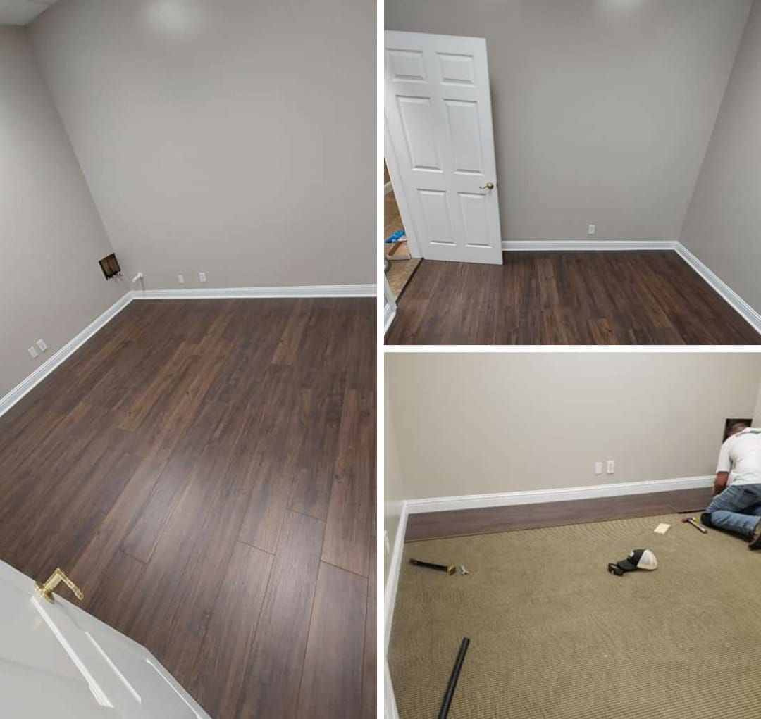 A collage of four pictures of a room with hardwood floors