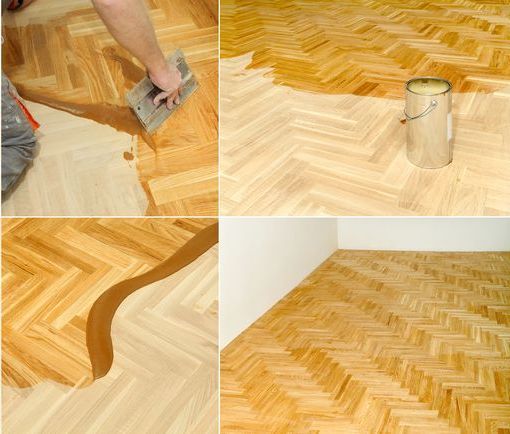 Worker sealing a parquet floor. 