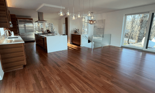 Living area room with refinished wood floor. 