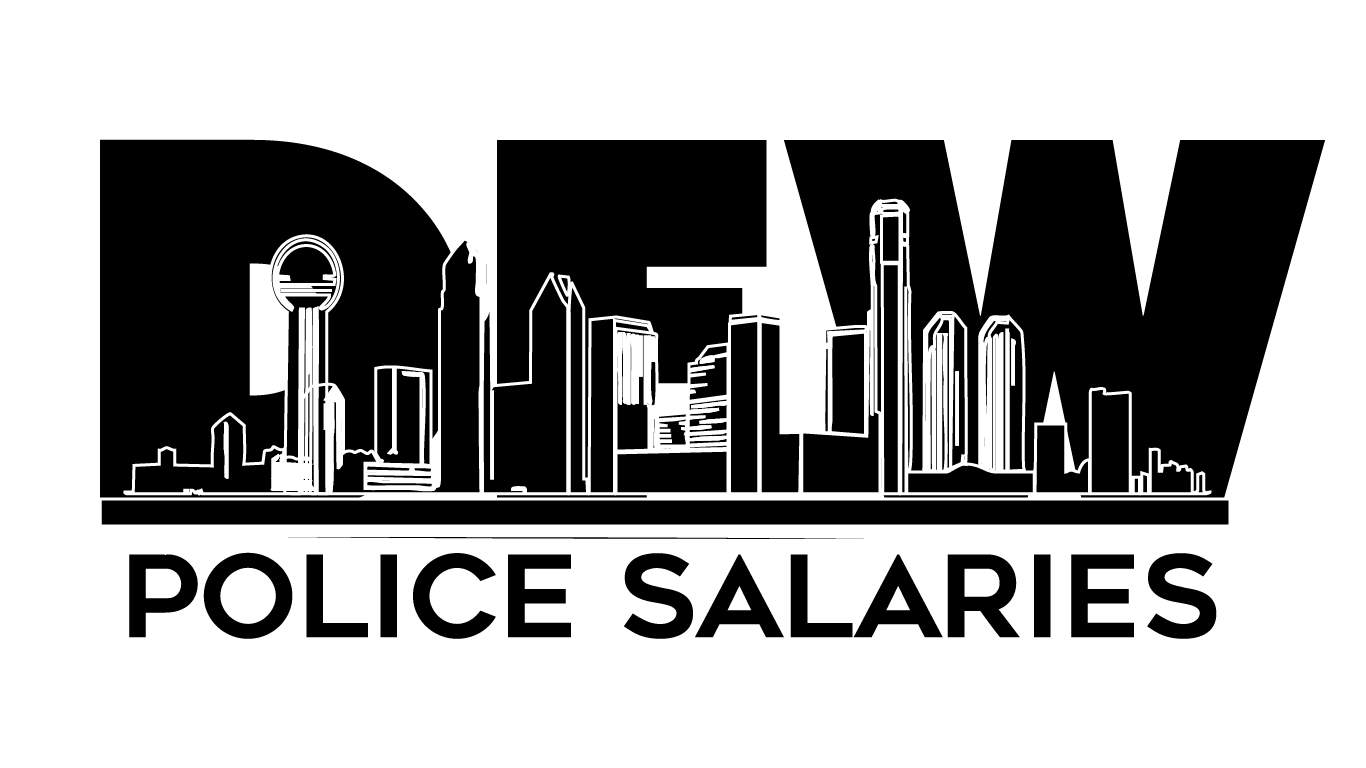 A black and white logo for new police salaries with a city skyline in the background.