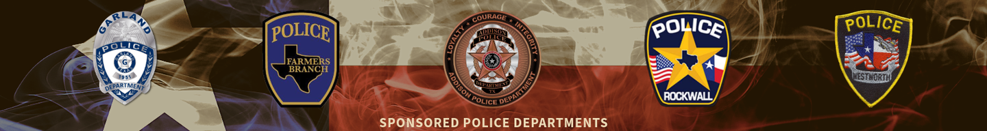A group of police badges are lined up in front of a texas flag