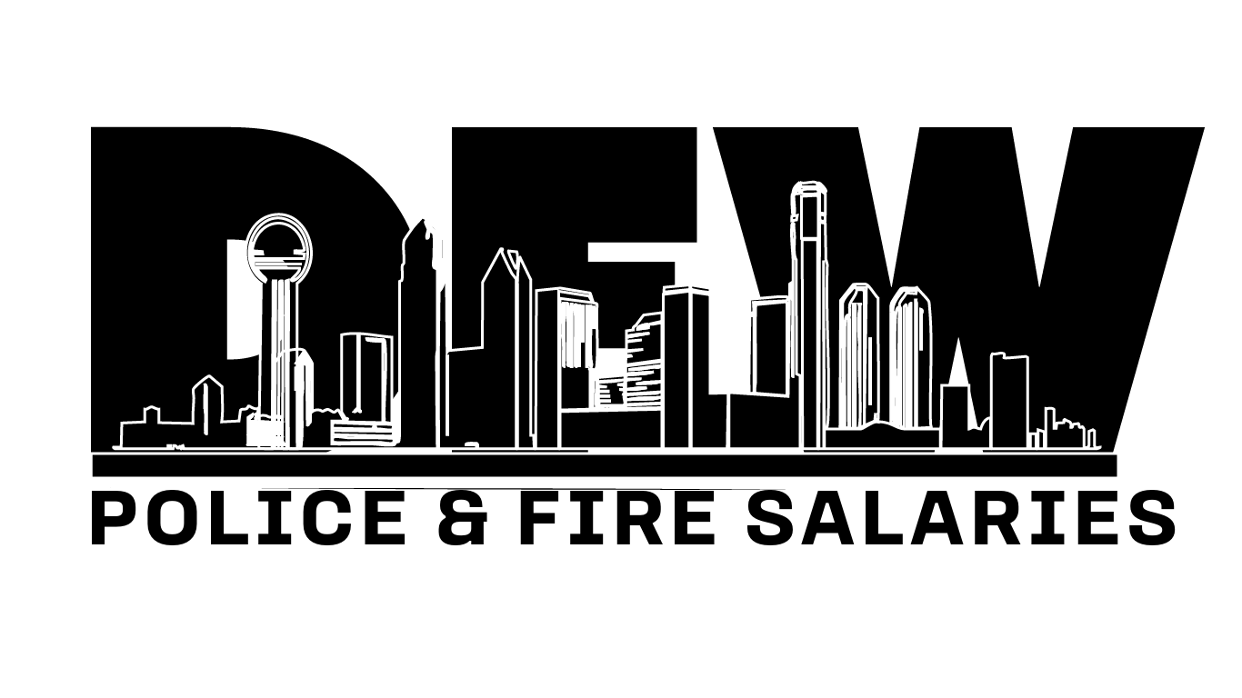 A black and white logo for new police salaries with a city skyline in the background.