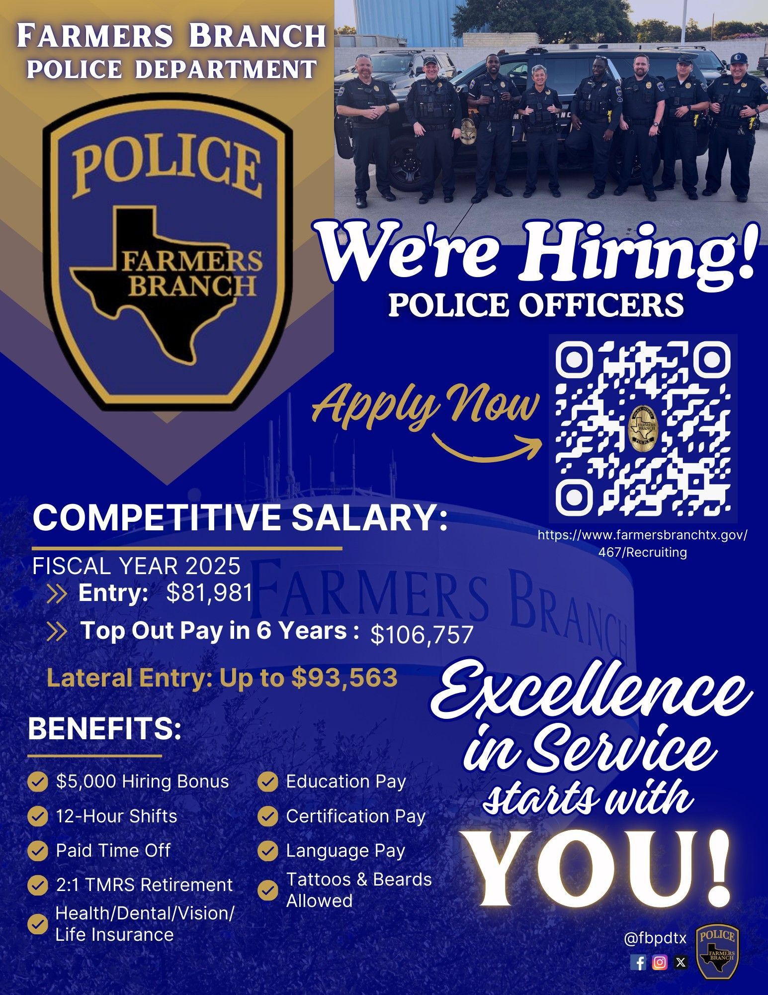 The farmers branch police department is hiring police officers