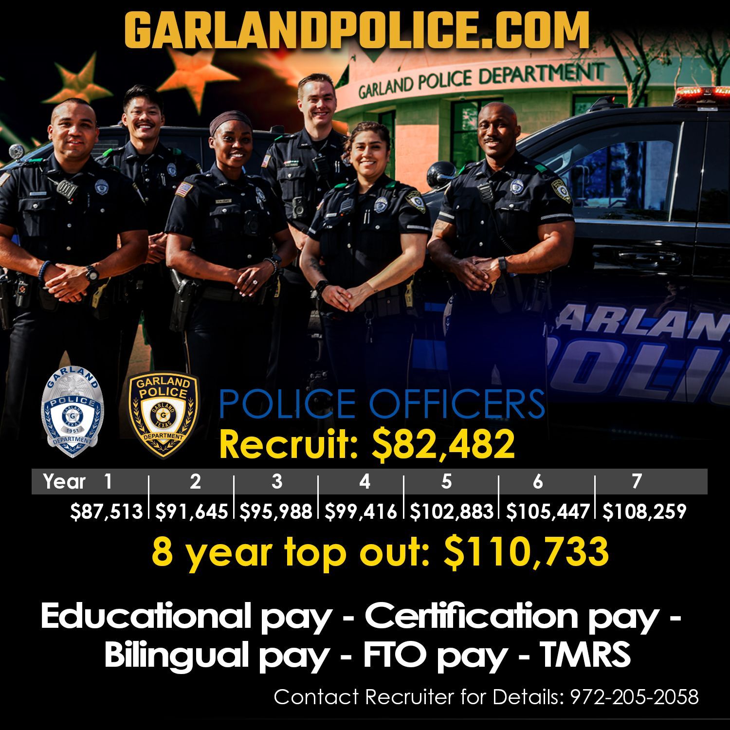 A poster for the garland police department civil service salary schedules