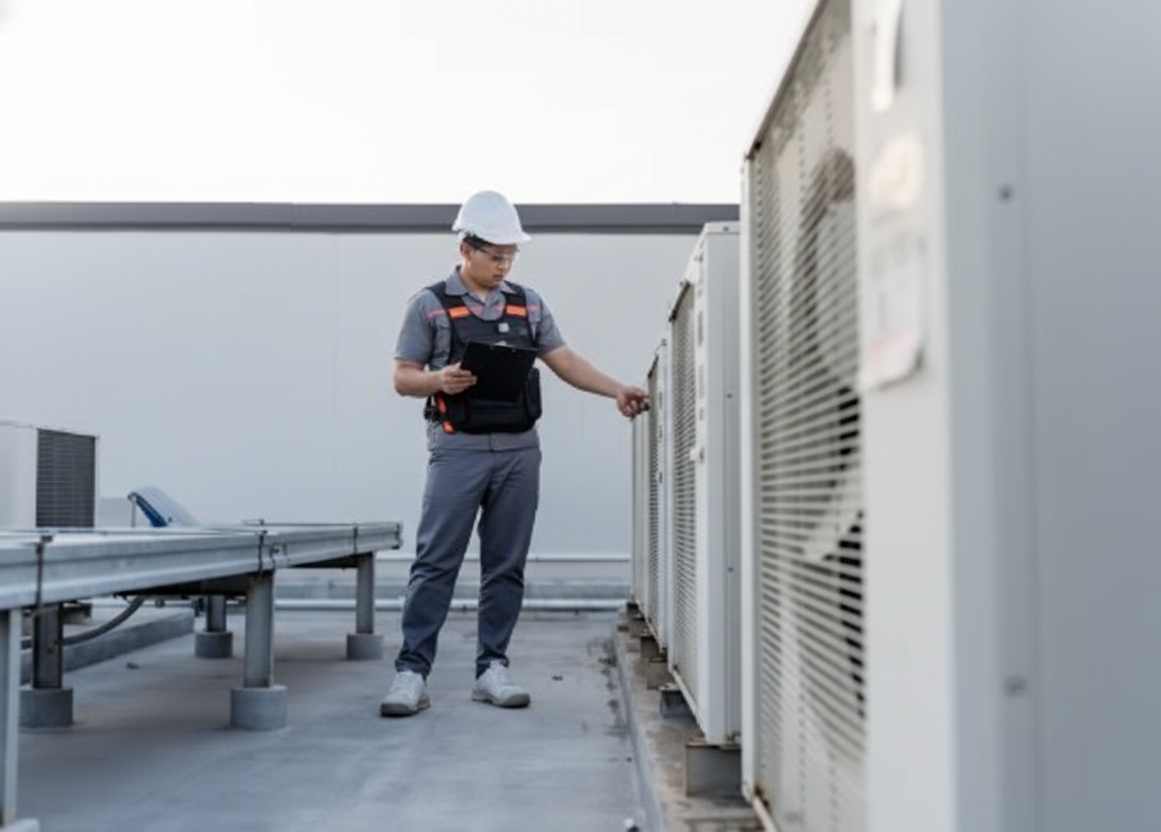 HVAC technician in a hard hat inspecting rooftop air conditioning units.