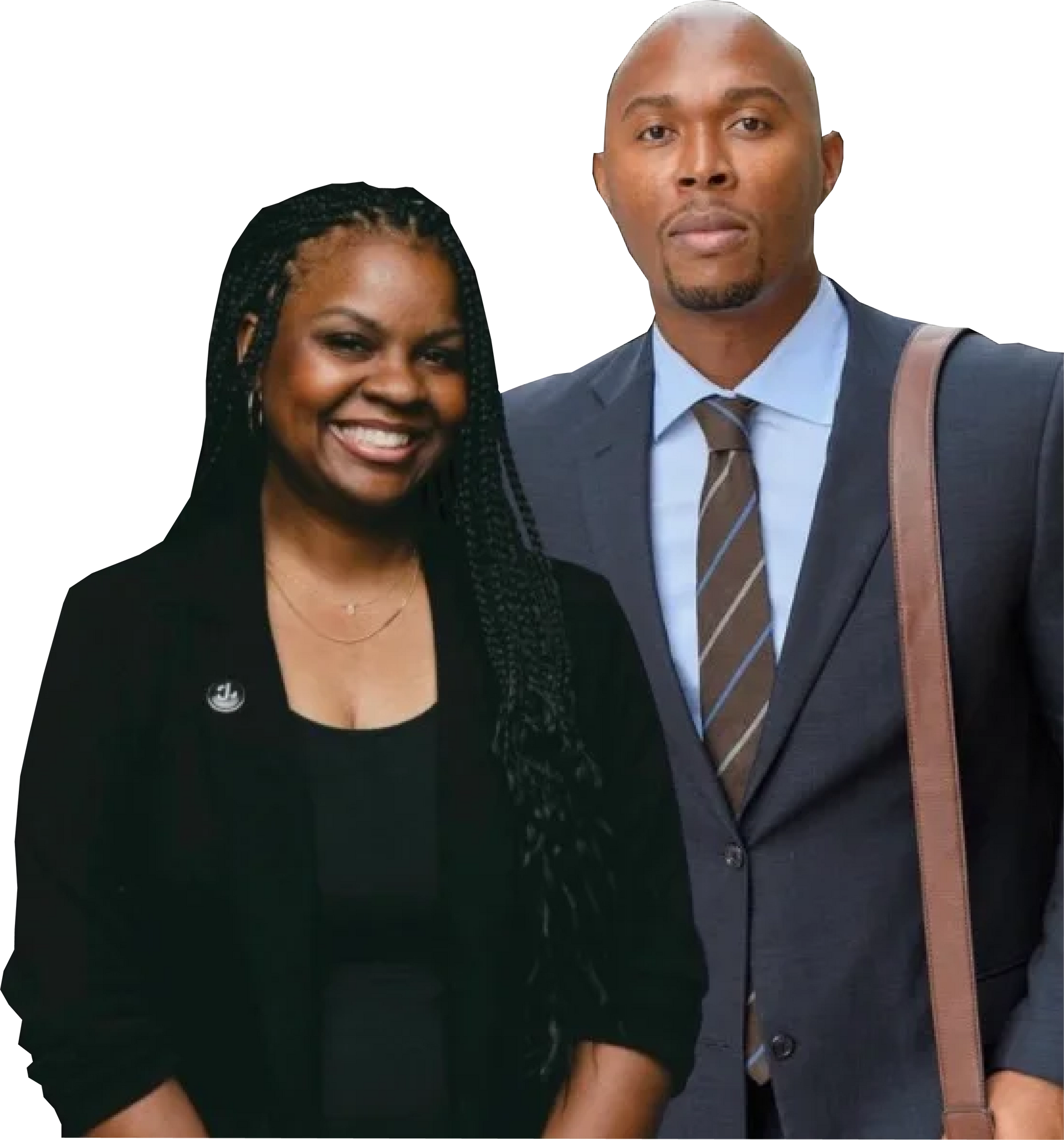 A man in a suit and tie stands next to a woman in a black jacket