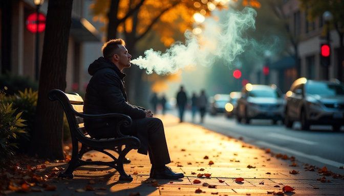 A calm person in light hypnosis sitting on a bench along Nicollet Mall in downtown Minneapolis. Cigarette smoke from nearby dissolves into glowing leaves drifting down the street, symbolizing a smoke-free life.