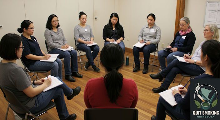 A circle of people sitting in chairs, notebooks in hand, sharing stories in a group hypnosis session