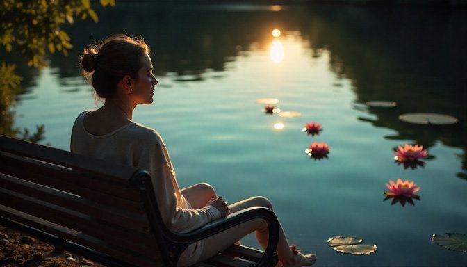 A serene hypnosis scene by Lake Harriet, with a relaxed woman sitting on a bench with cigarette pack sinking into the water