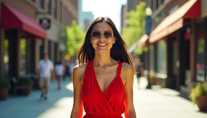 A smiling Asian woman in a vibrant red dress confidently walks past Nicollet Mall in the summer 