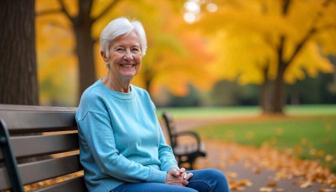 Brenda from Maple Grove sitting on the local park bench near her home on a fall day after Quit Smoking Minnesota helped her to quit smoking.