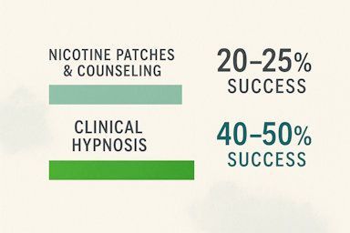 Hypnosis yields up to twice the long-term quit success rate versus nicotine patches and standard counseling.