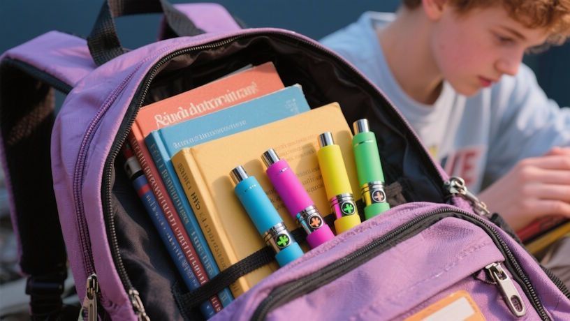 Colorful THC vape pens in a Minnesota teen’s backpack with textbooks