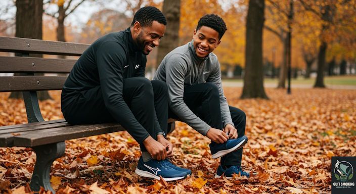 Darnell and son smiling while tying their running shoes on together on a bench with beautiful fall leaves in Minnesota