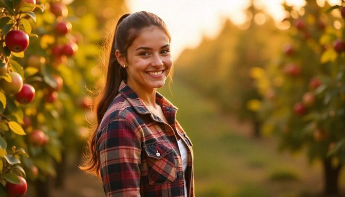 Emily from Roseville standing in her apple orchard in Minnesota after quitting smoking and vaping