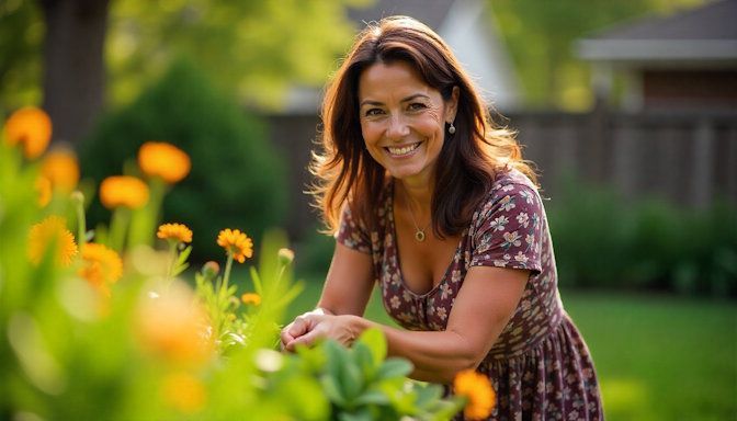 Karen from Minnetonka MN standing in her back lawn with some bright yellow flowers after Quit Smoking Minnesota helped her to quit smoking.