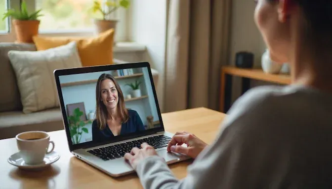 Laptop on coffee table next to a middle aged woman in OKC during hypnotherapy session