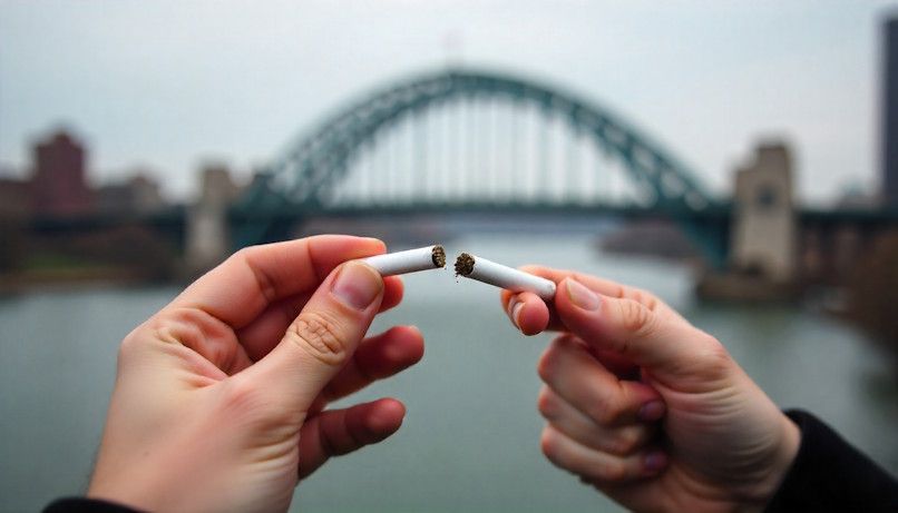 MN man breaking a cigarette in half with the stone arch bridge in background