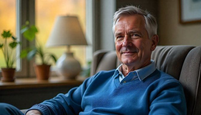 Caucasian man with short gray hair sitting in a comfortable chair in the Minneapolis office