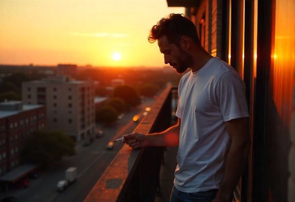 Man on the balcony of his Minneapolis apartment at dusk staring at his half smoked cigarette with disappointment frustrated with trying to quit smoking