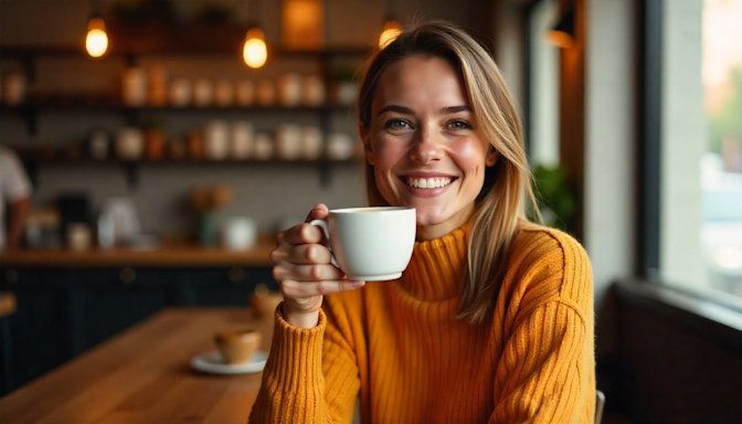 Mary from Duluth sipping on her coffee in a local coffee shop in Duluth after quitting smoking with Quit Smoking Minnesota