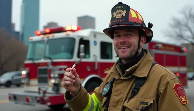 Minneapolis Firefighter quitting smoking holding up his last cigarette