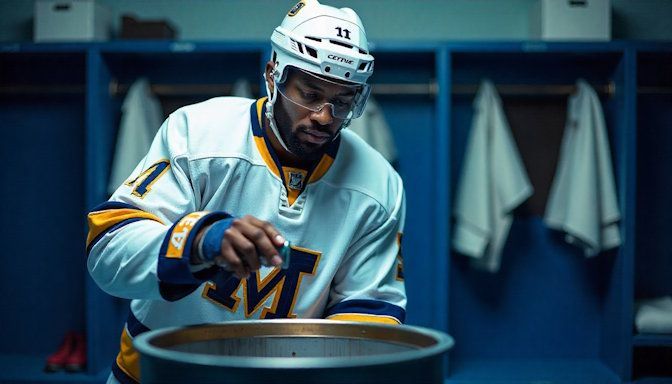 Minnesota hockey player in full white and blue gear, discarding a can of chew into a plastic trash c