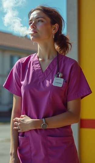 MN Nurse standing smoking a cigarette outside of the ER where she's working