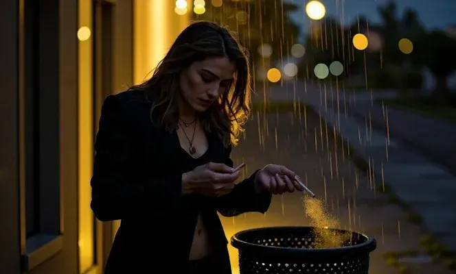 OKC woman throwing away cigarettes outside of a bar in Norman, OK quitting smoking