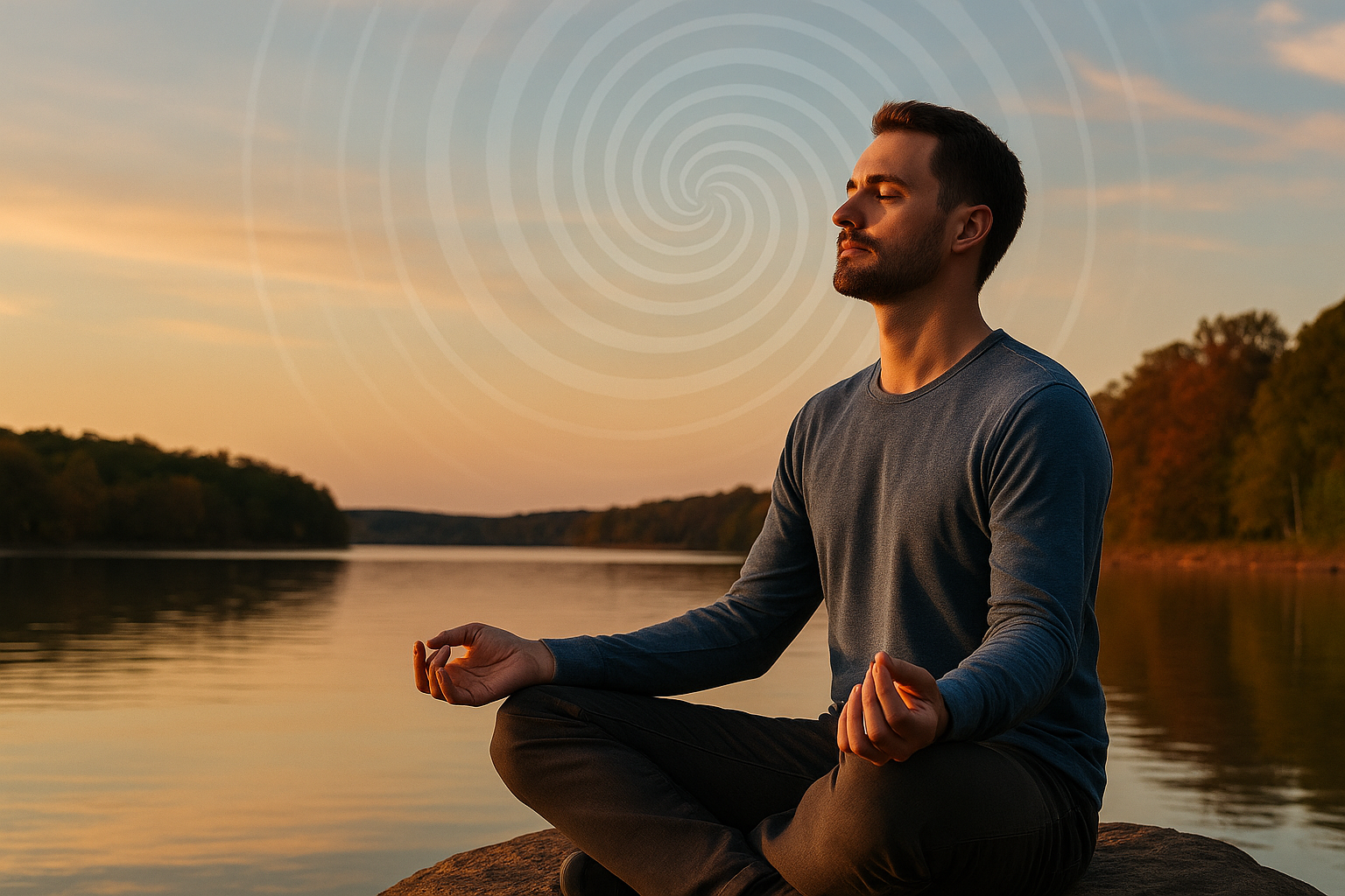 OKC man sitting by a lake in a meditating pose to focus on quitting smoking
