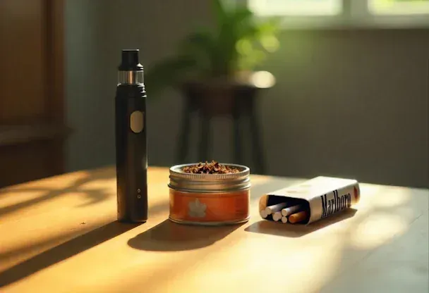 photo of a vape, smokeless tobacco (chew), and some cigarettes on a table